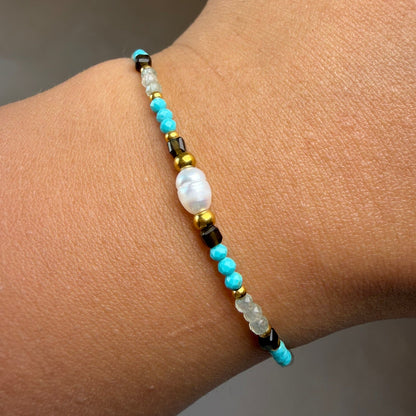 Pulsera Perla Turquesa Acero Baño Oro